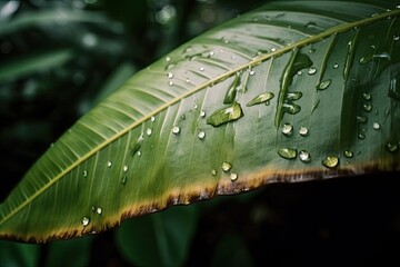 Canvas Print - Macro a leaf in a tropical forest with large rainfall. Generative AI