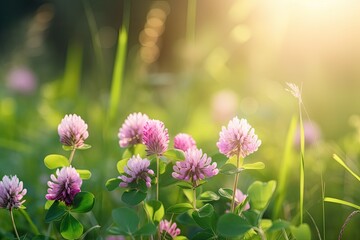 Wall Mural - wild red clover (trifolium pratense) on a springtime background of sunny, gorgeous nature. pink clov