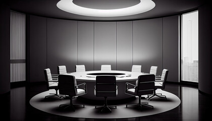 Canvas Print - a round table and chairs in a meeting room with a circular ceiling light above the table, there is a black and white photo