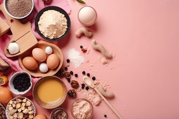 Canvas Print - Food components for baking in a frame against a soft pink pastel background. flat lay of food with copy space. looking up. notion of baking. Generative AI