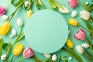 Wall Mural - Easter concept. Top view photo of turquoise circle easter eggs pink yellow and white tulips on isolated teal background with copyspace