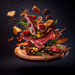 food flying out of a wooden platt on a black background with an assortment of fruits and meats in the air