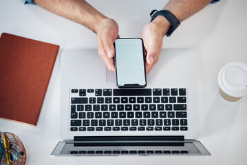 Poster - Above, phone screen and laptop by hands of man with mockup for advertising and space. Smartphone, display and business influencer online for blog, financial and advice, freelance and remote work