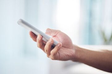 Poster - Closeup, mockup and hand with smartphone, typing and connection with communication, social media and texting. Zoom, hands and cellphone for online reading, search internet and information on website