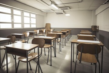 Poster - tables and chairs in a college classroom. Generative AI