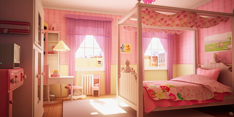 Poster - ai generative illustration, cute pink colored children room