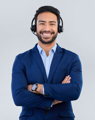 Aufkleber - Call center, customer service and portrait of man with smile for communication, consulting and crm network. Contact us, support mockup and happy male consultant in studio for help, service and sales