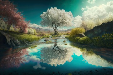 Wall Mural - Emotional Resonance through Nature's Quiet Vibrancy: An Immersive Image of the Refreshing Landscape in Spring Generative AI