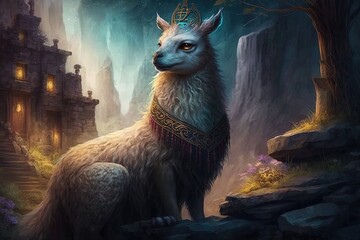 Wall Mural - grandeur of myth and magic: the wondrous enchantment of a fantasy lama generative ai