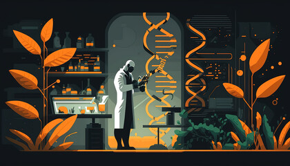 Canvas Print - Genetic scientist working on a DNA stain with moody lightning. Generative AI.