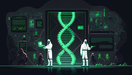 Poster - Genetic scientists in the lab. Genome and DNA code science research. Generative AI.