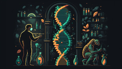 Sticker - Genetic scientist working on a DNA strain in the laboratory. Generative AI.