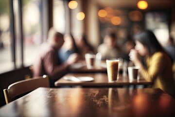 Wall Mural - Empty Wooden Table in a Restaurant or Cafe with Blurred Background with People (Generative AI)