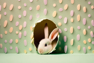 Wall Mural - Childish cute bunny peeking out of a broken hole in a paper background, holiday background, easter bunny concept, banner, naive art, generative ai