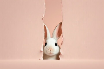 Wall Mural - Bunny peeking out of a hole in pink wall background, fluffy cute eared bunny easter bunny banner, rabbit jump out torn hole, Generative AI