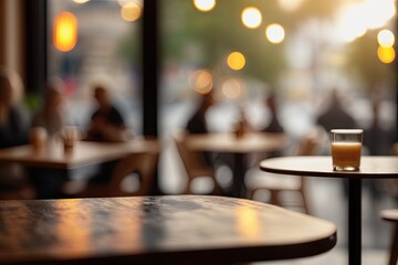 Wall Mural - Empty Wooden Table in a Restaurant or Cafe with Blurred Background with People (Generative AI)