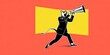 Cat with a megaphone in a suit on a red background, an advertising company. Generative ai.
