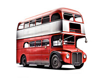 Illustration of vintage red double decker bus on white background, AI Generated image.