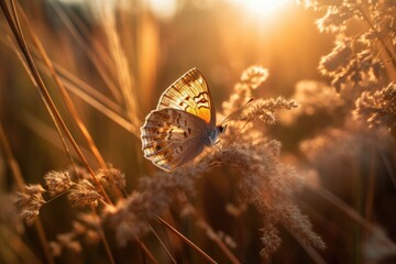 Sticker - Golden butterfly glows in the sun at sunset, macro. Wild grass on a meadow in the summer in the rays of the golden sun. Romantic gentle artistic image of living wildlife. Generative AI