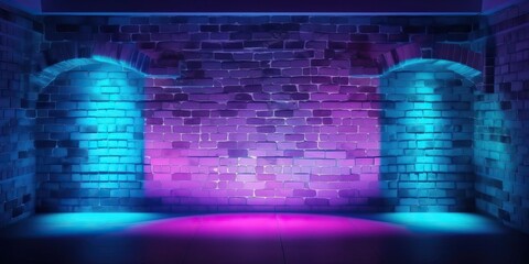 Wall Mural - 4K resolution or higher, Lights Blue Purple Glowing Lights On Dark Empty Grunge Concrete Room Background Stage. Generative AI Technology