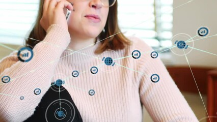 Poster - Animation of caucasian woman talking on smartphone over network of connections with icons