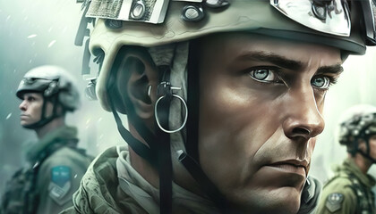 Modern soldiers in the army. Modern soldiers in combat. Generative AI.