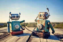 Two Retro Robots Toys Talking On Tin Can Phones On An Old Wooden Floor And Blue Sky. Generative AI