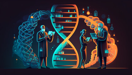 Poster - Genetic scientists in the lab. Genome and DNA code science research. Generative AI.