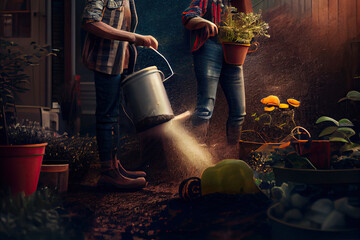 two people watering plants in their backyard garden, one man is pouring water on the other woman's head