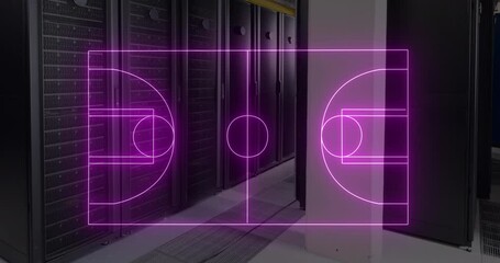 Poster - Animation of illuminated basketball court drawing over server room in background