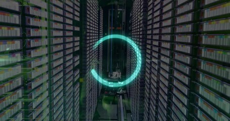 Poster - Animation of loading circle over dots against server racks and equipment in background