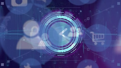 Poster - Animation of icon in circles over digital clock and computer language against abstract background
