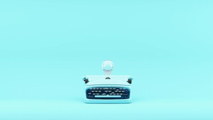 Poster - Blue color typewriter with lighting bulb floating . minimal creative idea. 3D Animation.