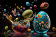 an egg splashing into the water with colorful eggs and butterflies flying around it, on a black reflective surface