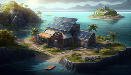 an island with solar panels on the roof and two small houses in the water, surrounded by rocks and palm trees