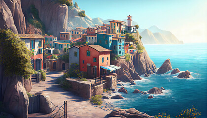 a small town by the ocean with mountains and rocks in the foregrounded area, there is a blue sky