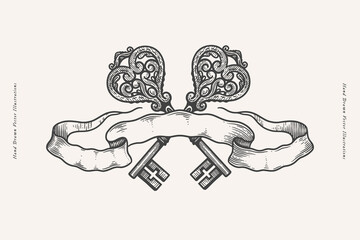Poster - Crossed keys and ribbon in engraved style. Vintage keys with Victorian swirls and retro banner on a white isolated background. Vintage illustration for postcard design, book or tattoo template.