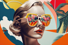 60s Fashion Blonde Woman Wearing Trendy Sunglasses. Summer Collage. Generative AI