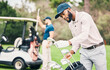 Golf, club and black man choose on course with golfing bag ready to start game, practice and training. Professional golfer, activity and male caddy with choice for exercise, fitness and recreation