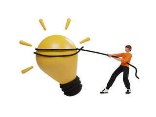 Poster - Motivated male employee hold lightbulb brainstorm generate creative business idea. Happy businessman involved in thinking. 3d illustration, 3d rendering, 3D Cartoon Character