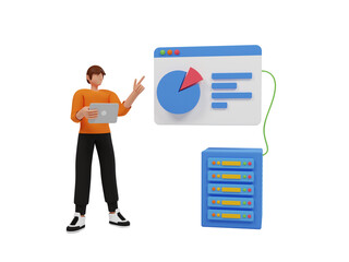 Poster - Character People Working with Data Visualization. Man Analyzing Tables, Graphs and Graphs on Business Dashboard. Digital Data Analytics Concept.3d illustration, 3d rendering, 3D Cartoon Character