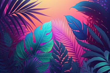 Wall Mural - Tropical and palm foliage with dazzling holographic neon gradient colors. concept painting minimal knowledge of surrealism. Generative AI