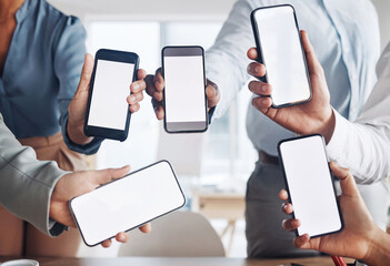 Aufkleber - Business people, hands or phone screen on mockup in office networking, advertising or digital marketing. Team of employees with online product placement on display on mobile application or website ux