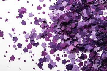 Poster - Violet confetti in the form of stars isolated on white background. Festive day backdrop. Flat lay style with minimalistic design. Template for banner or party invitation. Generative AI