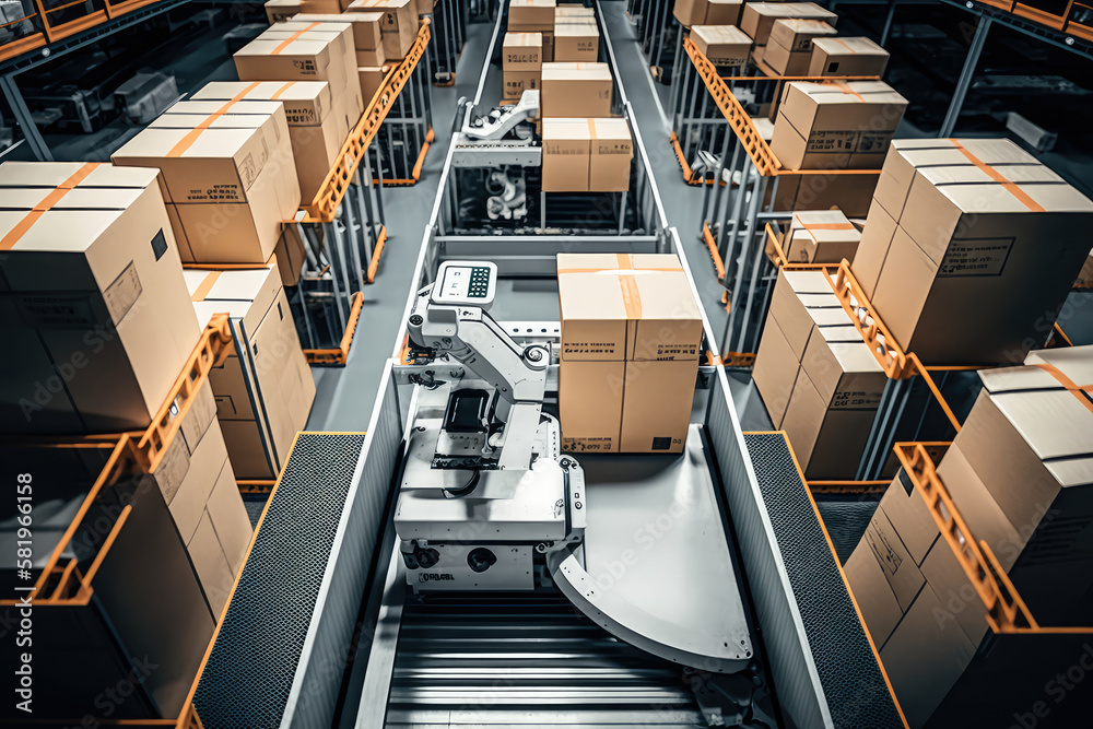 High-Tech Warehouse with Automated Robots and Conveyors Sorting and ...