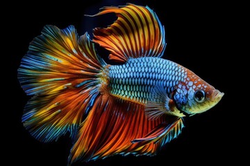 Sticker - Fighting fish, Betta splendens, with a variety of colors in the Siamese style and a natural background. Generative AI