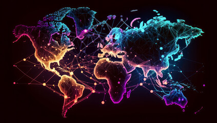 Neon-colored abstract image of a global supply chain with different nodes and connections, generative ai