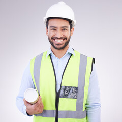 Aufkleber - Portrait of construction worker man isolated on a white background engineering, architecture and design career. Happy face of asian builder, contractor or industrial person with safety gear in studio