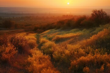 Wall Mural - Saratov region, travel, landscape and nature of Russia. Yellow golden orange dramatic dawn at dawn or dusk over endless fields, hills, meadows. The sun rises in the morning above the horizon