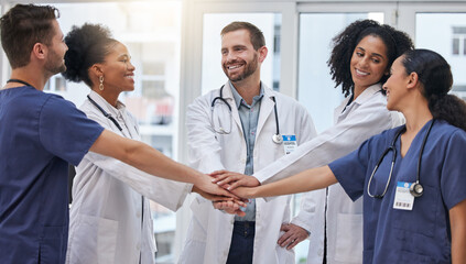 Poster - Healthcare, teamwork and doctors with nurses hands in support of planning, collaboration and innovation. Team, hand and huddle with expert people united for mission, trust and help while at a clinic